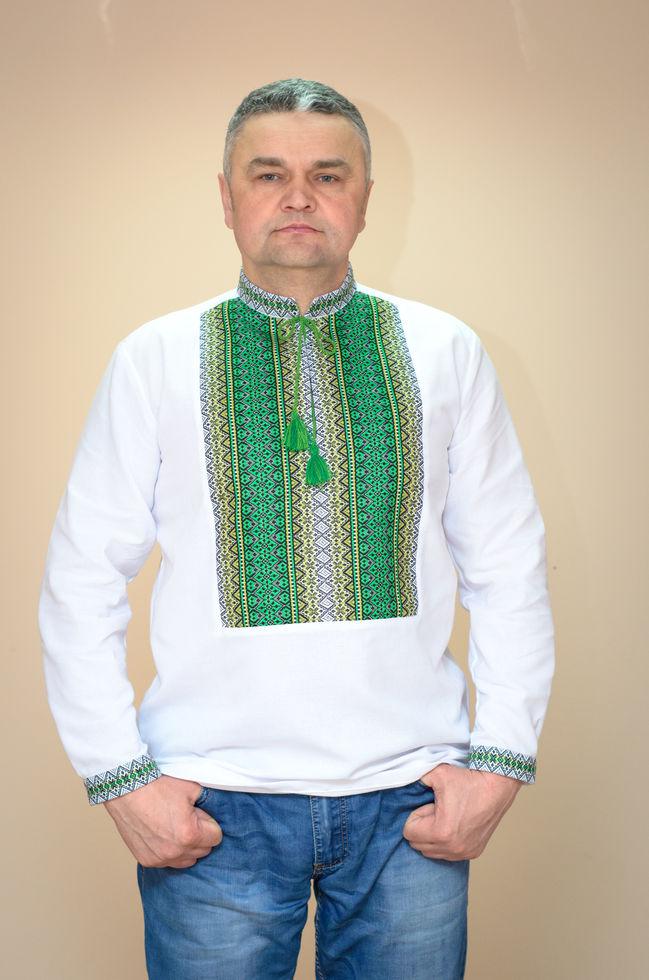 Вишиванка чоловіча Волинські візерунки Тіффані зелена ткана 56 р. біла