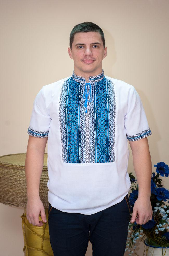 Вишиванка чоловіча Волинські візерунки ткана з коротким рукавом Тіффані блакитна 48 р. біла