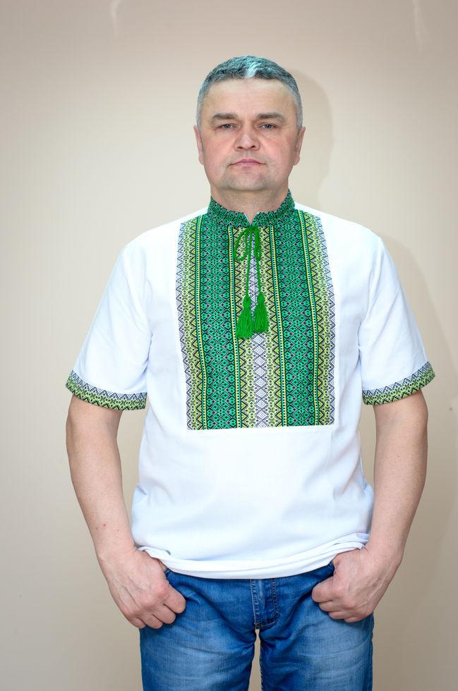 Вишиванка чоловіча Волинські візерунки ткана з коротким рукавом Тіффані зелена 50 р. біла