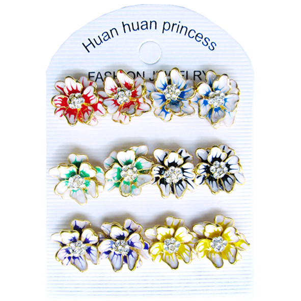 Упаковка 6 пар Сережки Цвяшки Квіти Багатопелюсткові зі стразами, Біжутерія Унісекс, фото 1