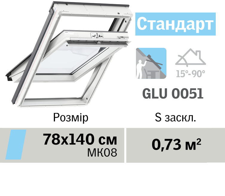 Мансардне вікно VELUX Стандарт (Вологостійке, верхня ручка, 78*140 см)