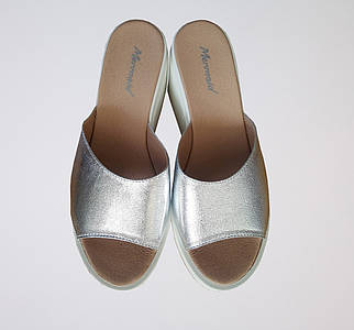 Шльопанці жіночі на платформі шкіряні літні Mermaid металік сірі