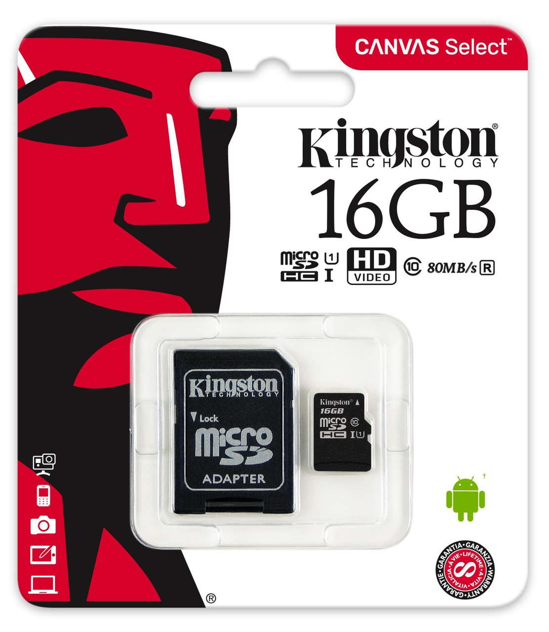 Карта пам'яті Kingston 16GB microSDHC UHS-I Canvas Select 80R class 10+SD Adapter