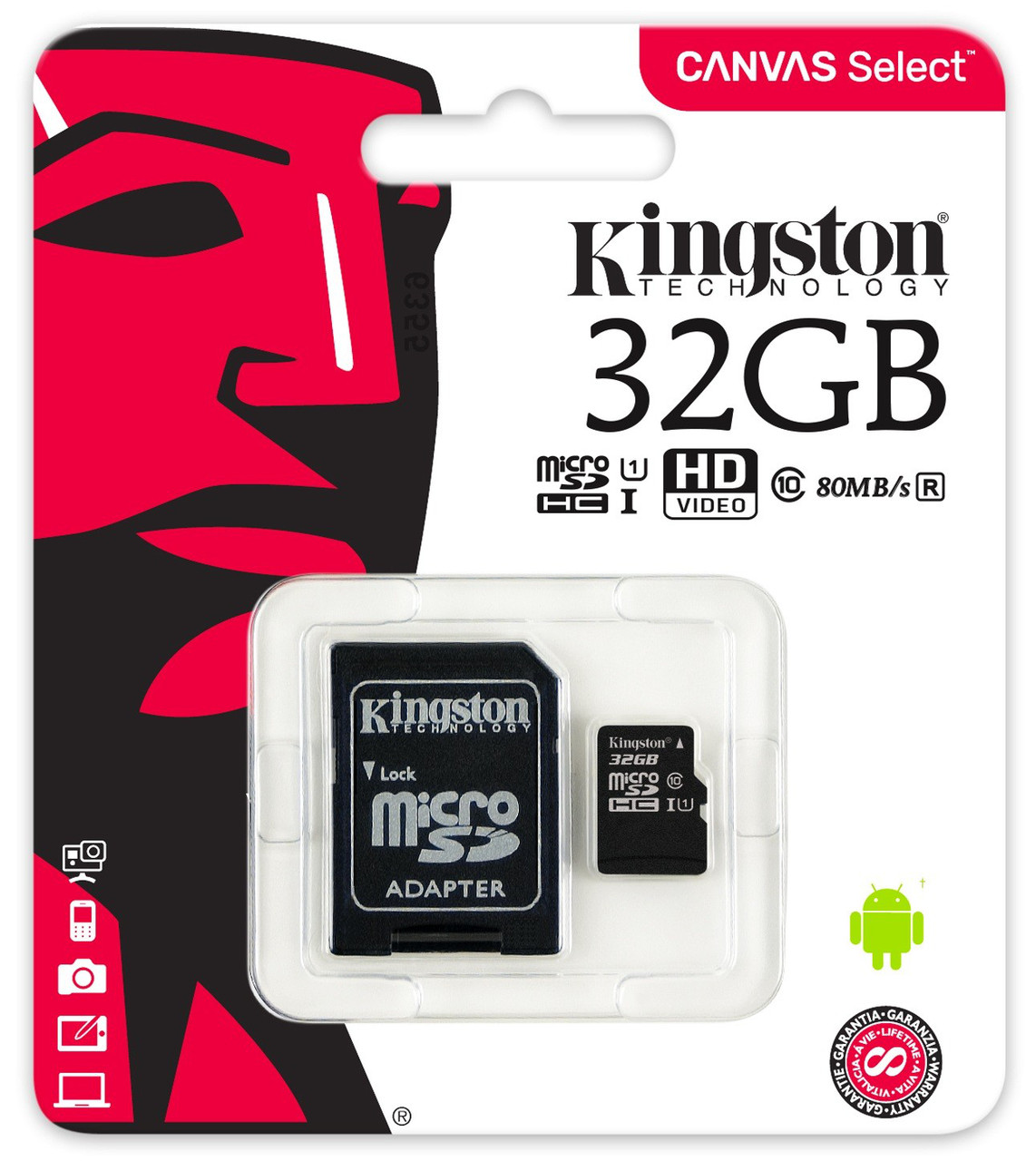 Карта пам'яті Kingston 32GB microSDHC UHS-I Canvas Select 80R class 10+SD Adapter (SDHC/32GB)