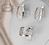 Жіночий срібний набір прикрас із золотими пластинами, набір ювелірний срібний кільце та сережки, фото 4