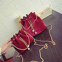 Женская сумочка маленькая бархатная красная мешочек на завязках опт