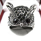 Кільце під Біле Золото Сова в Чорних Стразах, Сталь, Розміри 17, 18, 19. Амулет, Оберег, Талісман, Прикраса, фото 2