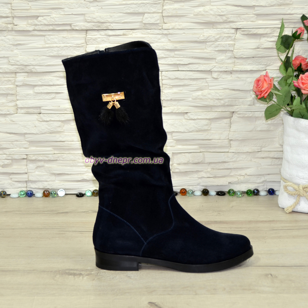 Напівчоботи жіночі замшеві синього кольору, фото 1