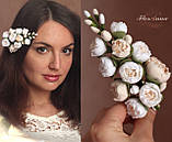 Весільна шпилька-гілочка з квітами з полімерної глини "Півонійці айворі" 12 см-13, фото 2