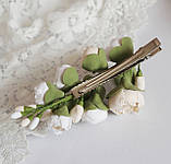 Весільна шпилька-гілочка з квітами з полімерної глини "Півонійці айворі" 12 см-13, фото 5