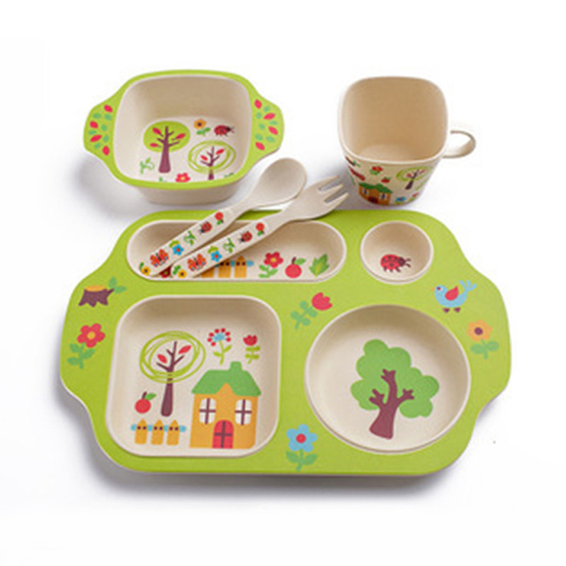 Набір дитячого посуду з бамбукового волокна з сюжетом, 5 шт, Лісовий будиночок, фото 1