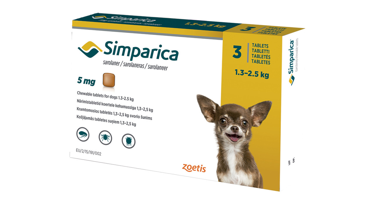 Simparica (Сімпаріка) Жувальна таблетка від бліх та кліщів для собак вагою від 1,3 до 2,5 кг