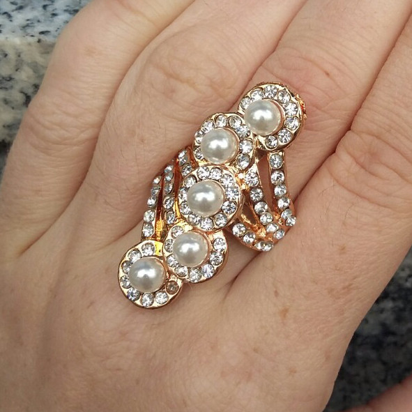 Кільце Коктейльне Перлова Доріжка, під Золото 14К з Білими Перлами і Каменями Сваровскі, Безрозмірне, фото 1