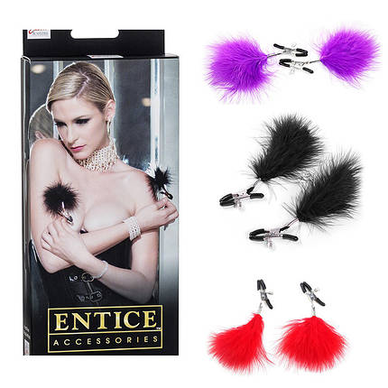 Затискачі бдсм для сосків з пір'їнками пухнасті Feather Nipplettes 2 штуки пух різних кольорів, фото 1