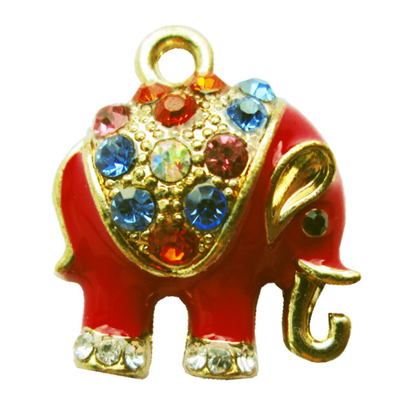 Підвіска Кулон 16 мм Слон Червоний зі Стразами, Метал, Колір: Золото, Фурнітура для Браслета, Рукоділля, фото 1