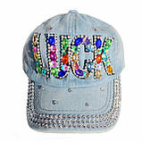 Модна джинсова кепка зі стразами "Luck"., фото 2