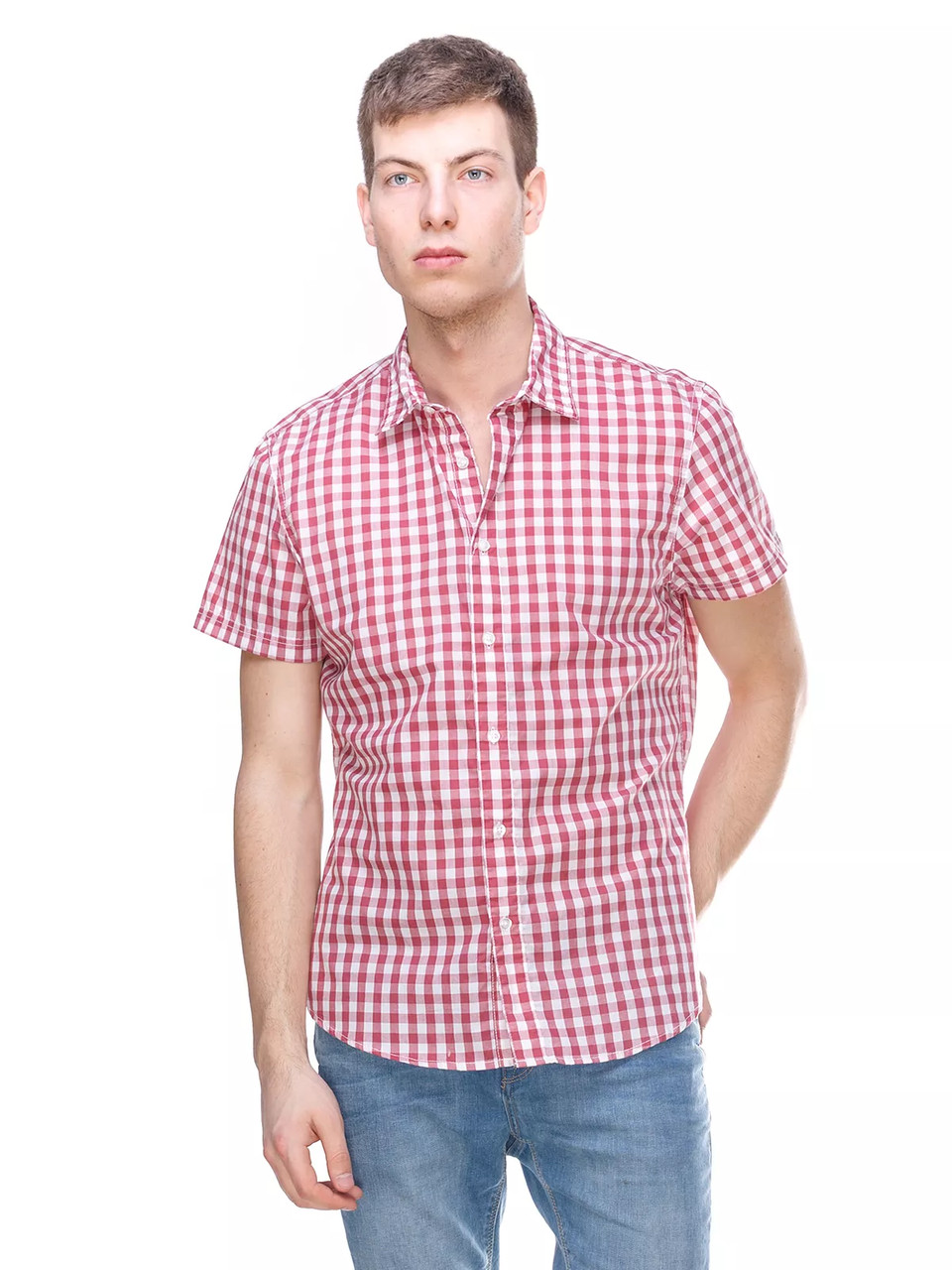 Сорочка з коротким рукавом чоловіча C&A (розмір М) клітинка червона з білим
