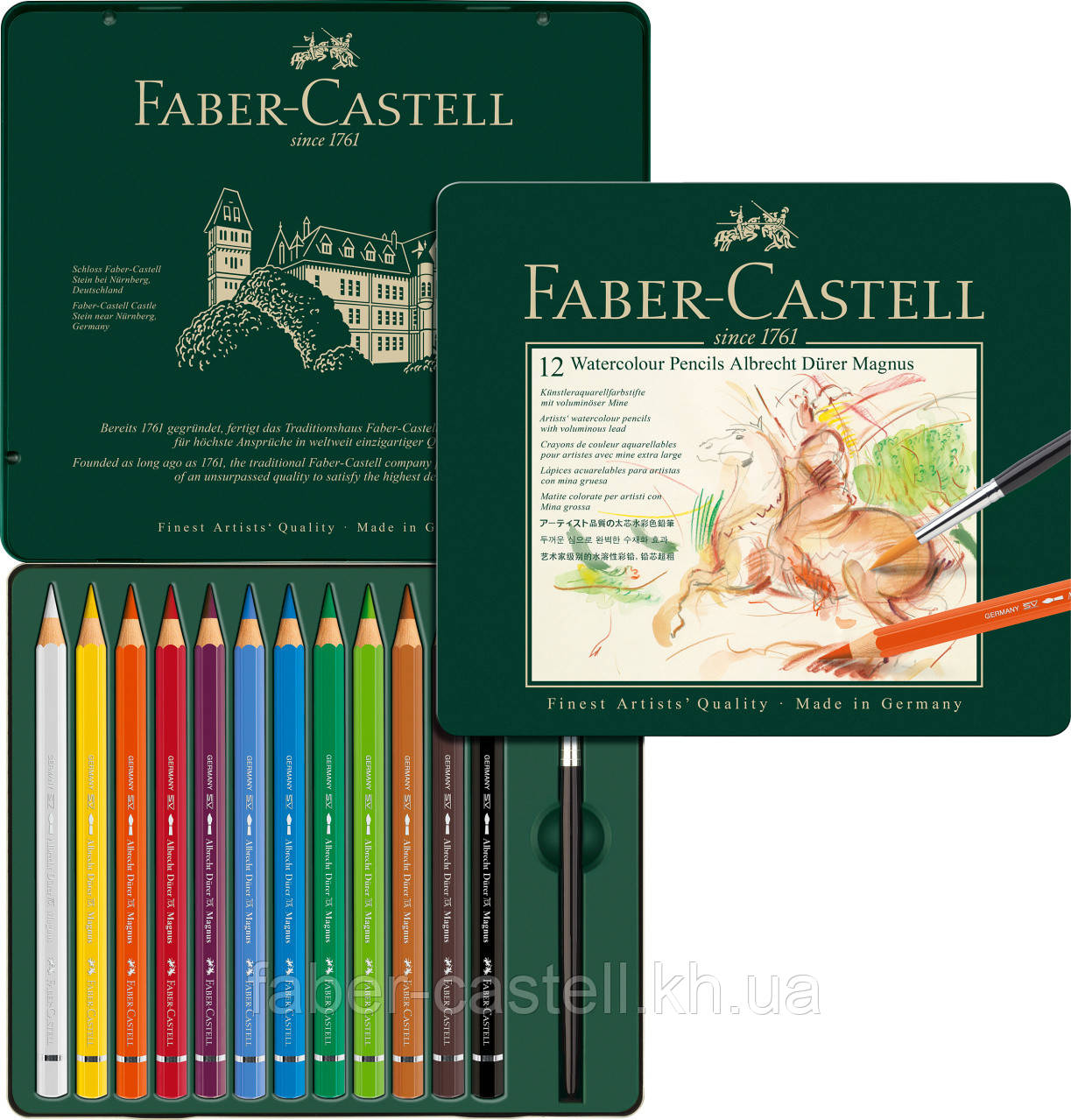 Акварельні олівці потовщені Faber-Castell Albrecht Дюрера MAGNUS 12 кольорів в металевій коробці, 116912