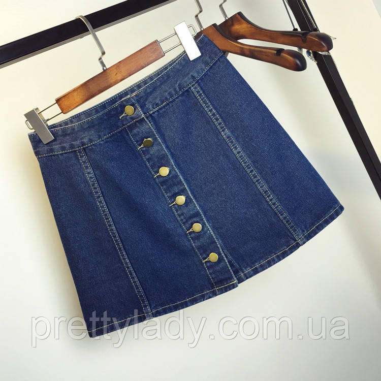 Жіноча джинсова спідниця-трапеція на гудзиках темно синя, фото 1