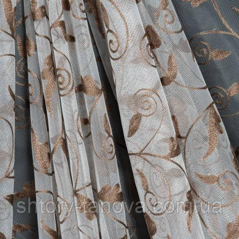 Тюль вишивка, біло-коричневий, фото 1