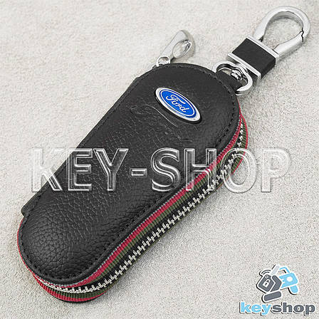 Ключниця кишенькова (шкіряна, чорна, на блискавці, з карабіном, кільцем), логотип авто Ford (Форд), фото 2