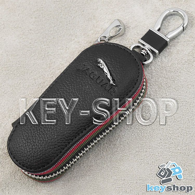 Ключниця кишенькова (шкіряна, чорна, на блискавці, з карабіном, кільцем), логотип авто Jaguar (Ягуар)