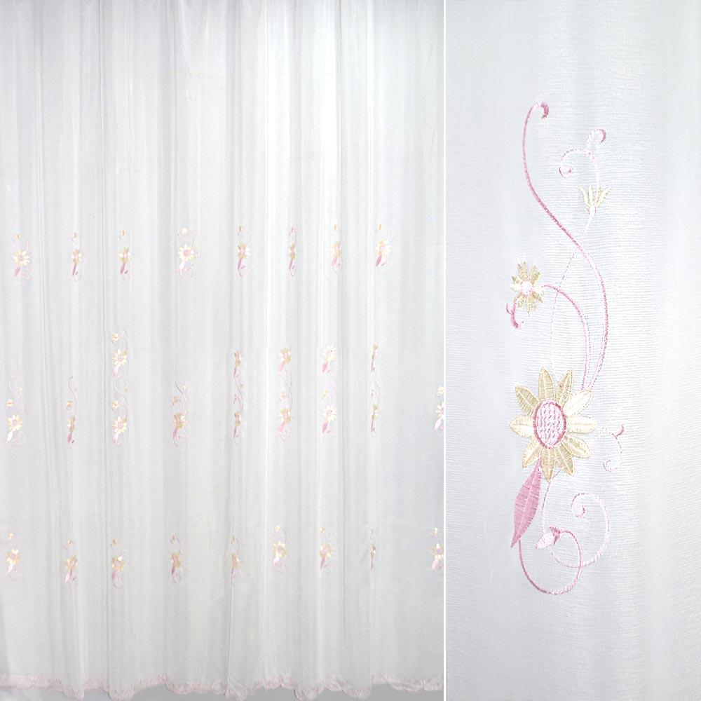 Вуаль тюль шифон вишивка квіти листя рожево-жовті, облямівка, біла, ш.300