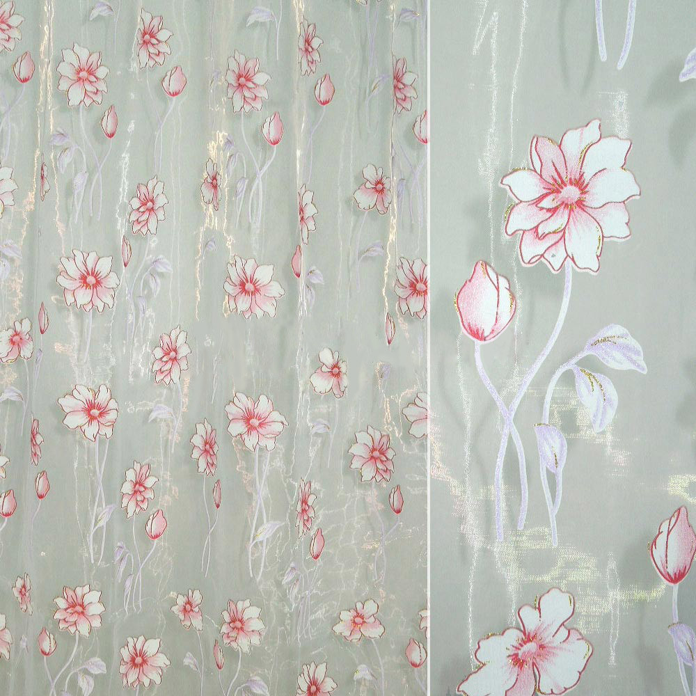 Органза тюль принт квітка біло-рожевий з напиленням золотистим, біла, ш.280