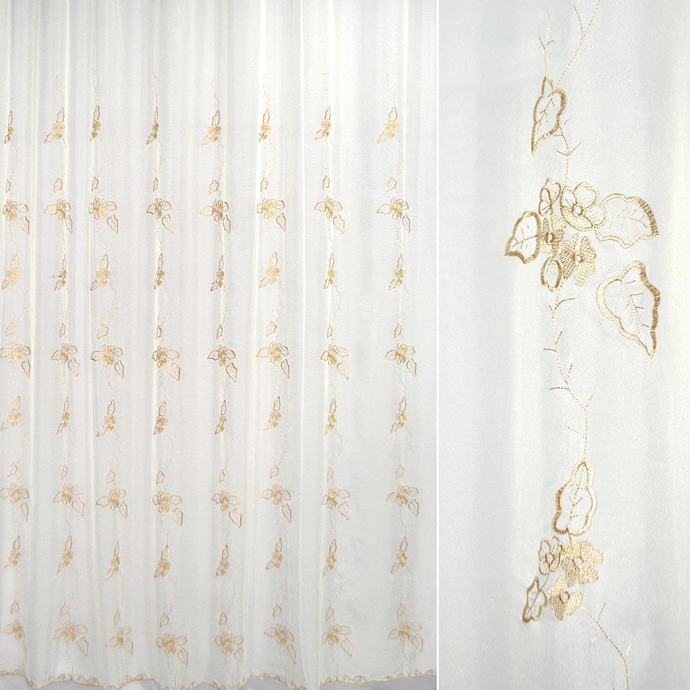 Вуаль тюль шифон вишивка квіти листя бежеві, облямівка, молочна, ш.280