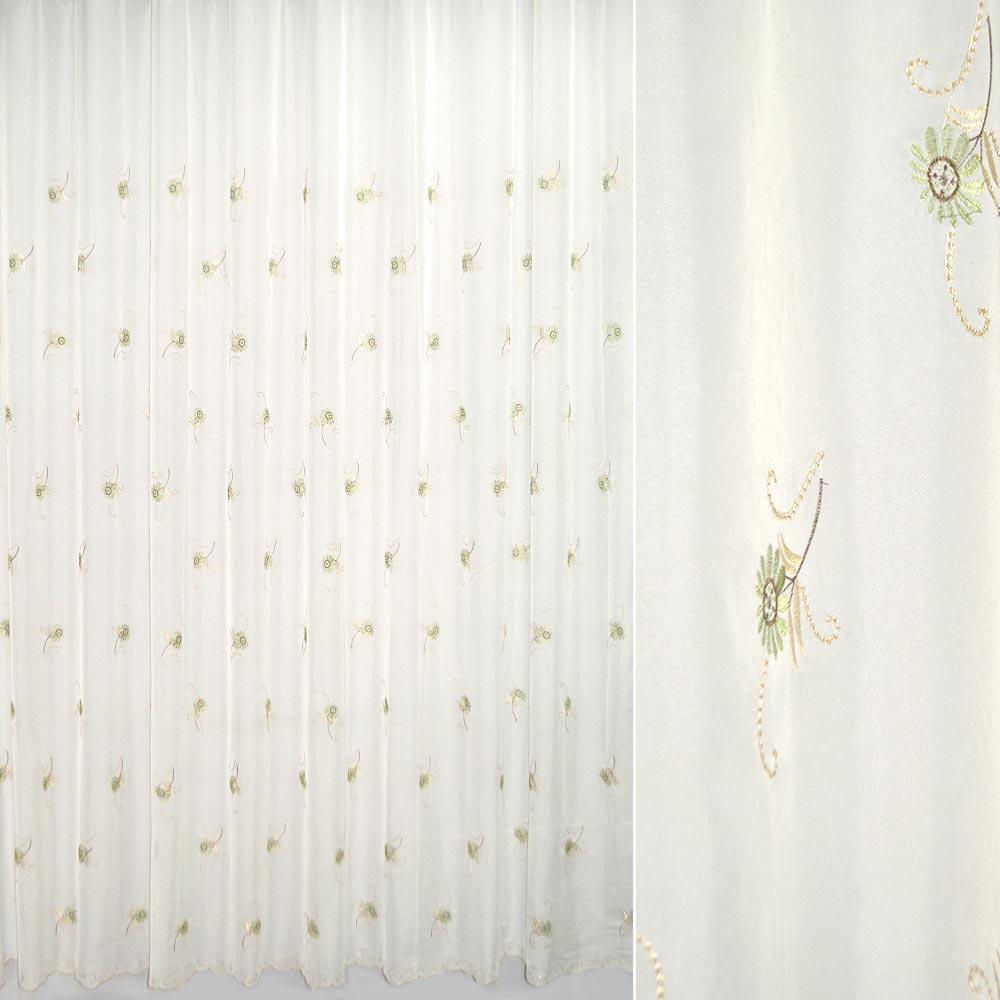 Вуаль тюль шифон вишивка ромашки зелені, облямівка, молочна, ш.280