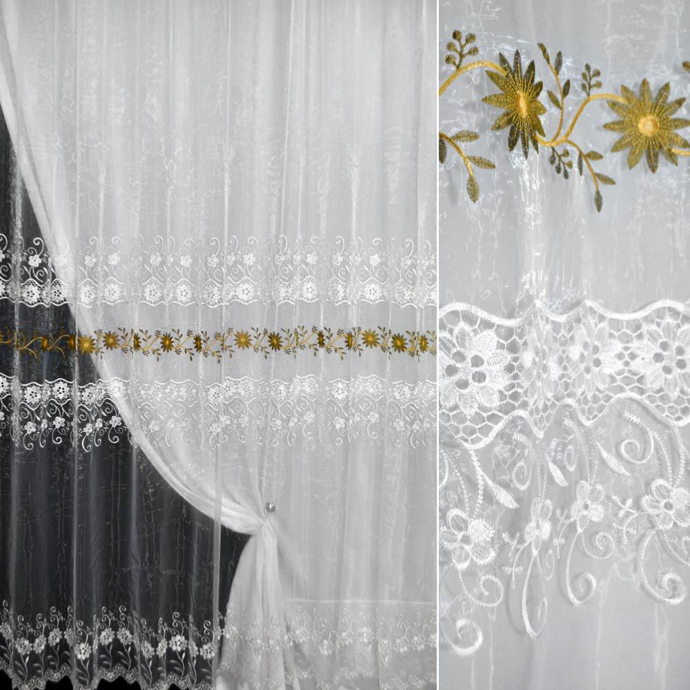 Органза тюль з вишивкою квіти білі і оливкові, облямівка біла, біла, ш.270