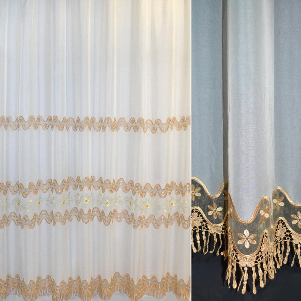 Вуаль тюль шифон з мереживом на органзе золотисте на білому тлі, ш.288