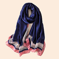 Женский шарф шелковый синий деловой стильный однотонный 180*70 см