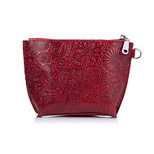 Косметичка жіноча шкіряна з художнім тисненням Crystal "Мистецтво мехенді". Колір червоний