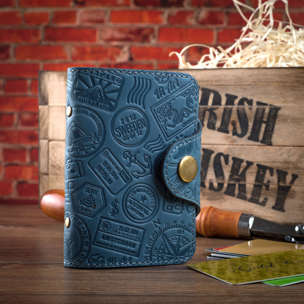 Візитниця (картхолдер) кишенькова "Поїхали мандрувати!" на кнопці з натуральної шкіри з тисненням, фото 1