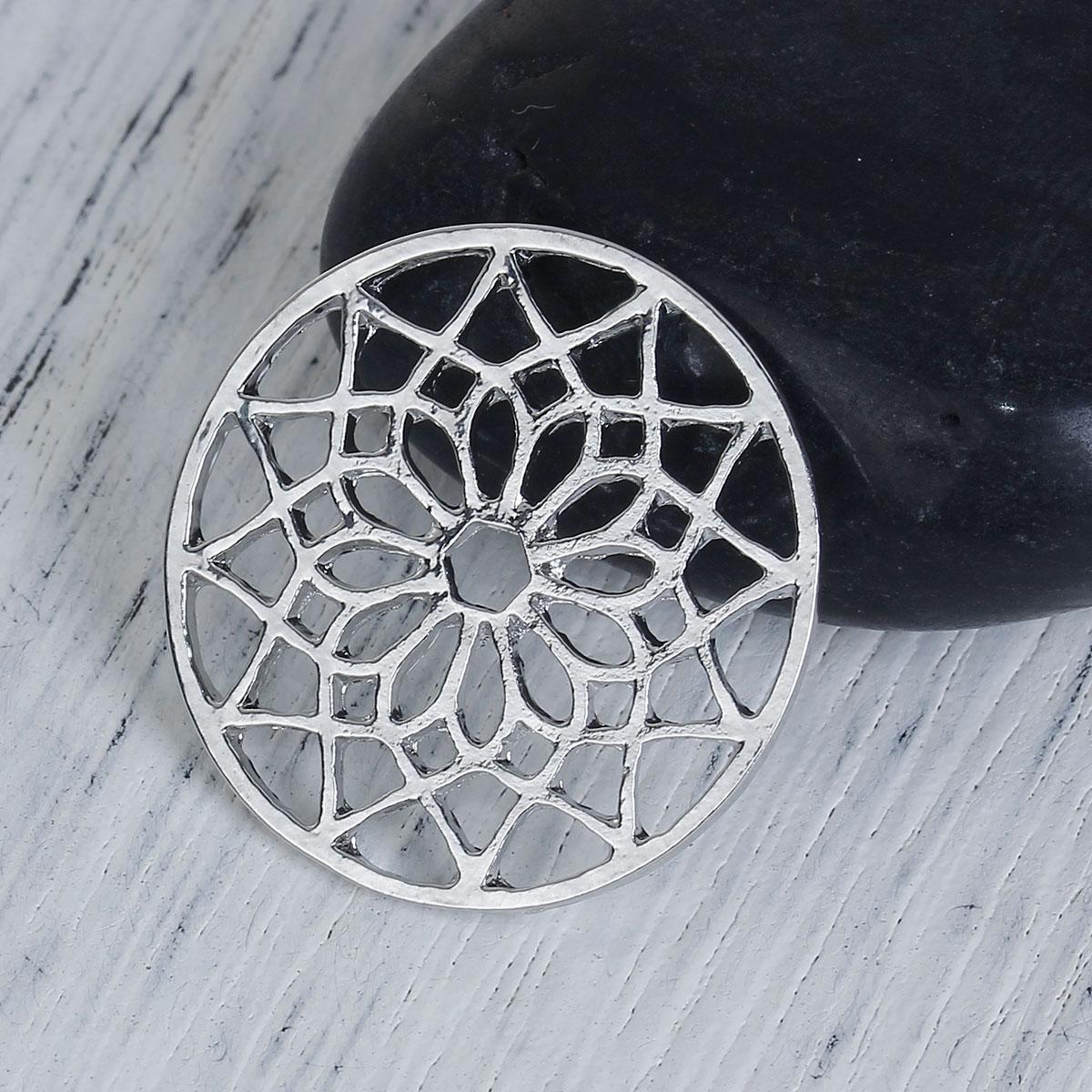 Кабошон, Коннектор, Підвіска, Буддійська мандала, Цинковий сплав, Кругла, Срібний тон, 25 мм