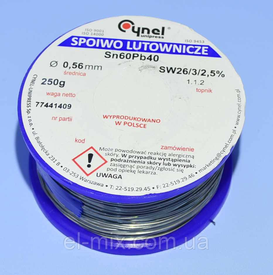 Припій з флюсом Cynel d0.56мм Sn60Pb40 бухта-0.25кг LUT0104-250, фото 1