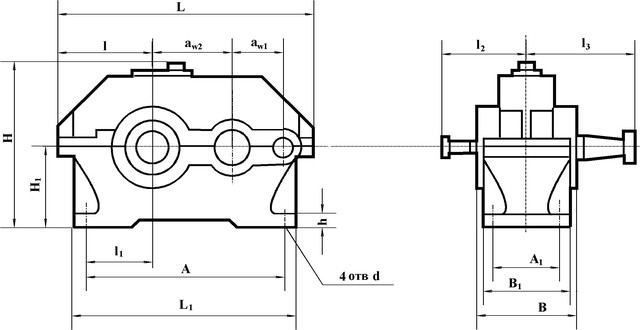 Схема габаритних і приєднувальних розмірів редуктора 1Ц2У-125