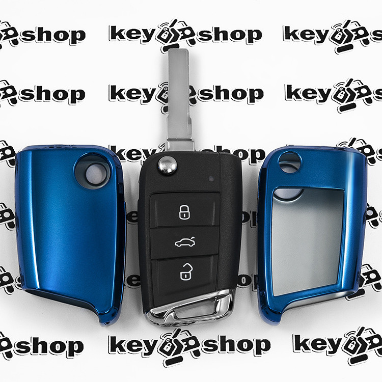 Чохол (синій, поліуретановий) для выкидного ключа Volkswagen (Фольксваген), кнопки без захисту