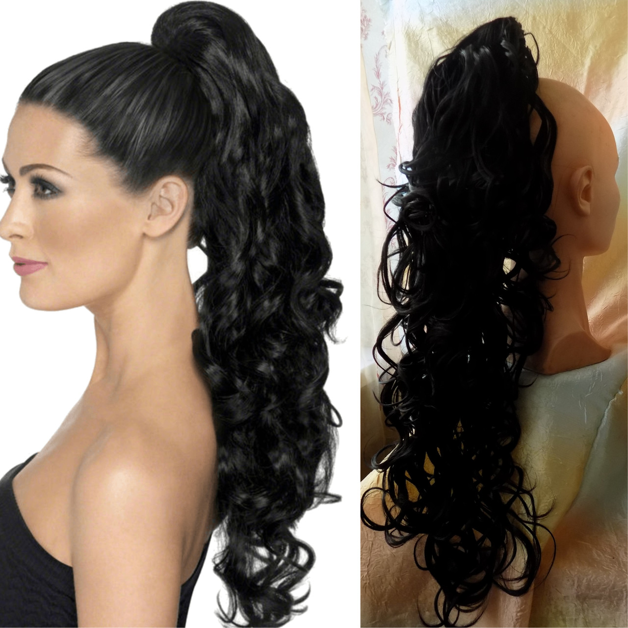 Хвіст шиньйон довгий кучерявий на крабі чорний JC902B-1, фото 1