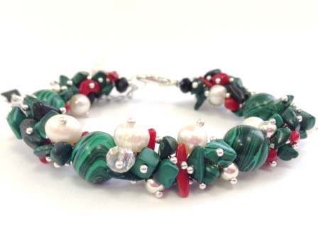 Жіночий браслет із натуральних каменів мікс Малахіт і Перли, фото 1