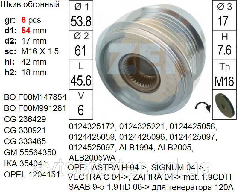 Шкив инерционный для генератора OPEL ASTRA H SIGNUM VECTRA C ZAFIRA 1.9CDTI SAAB 9 1.9TTiD 120A - фото 2 - id-p692430854