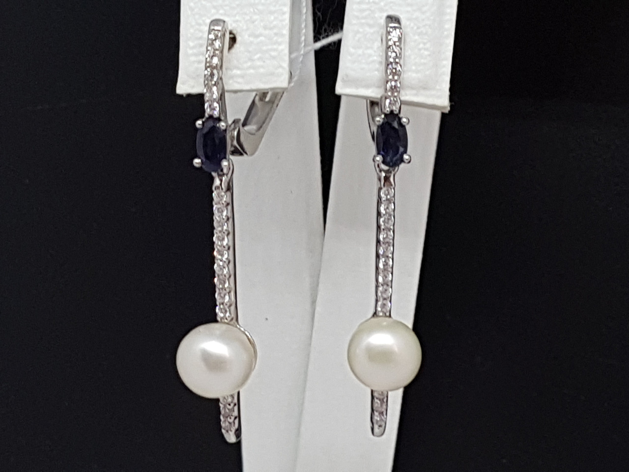 Срібні сережки Діана з сапфіром і перлами.   2002/1Р
