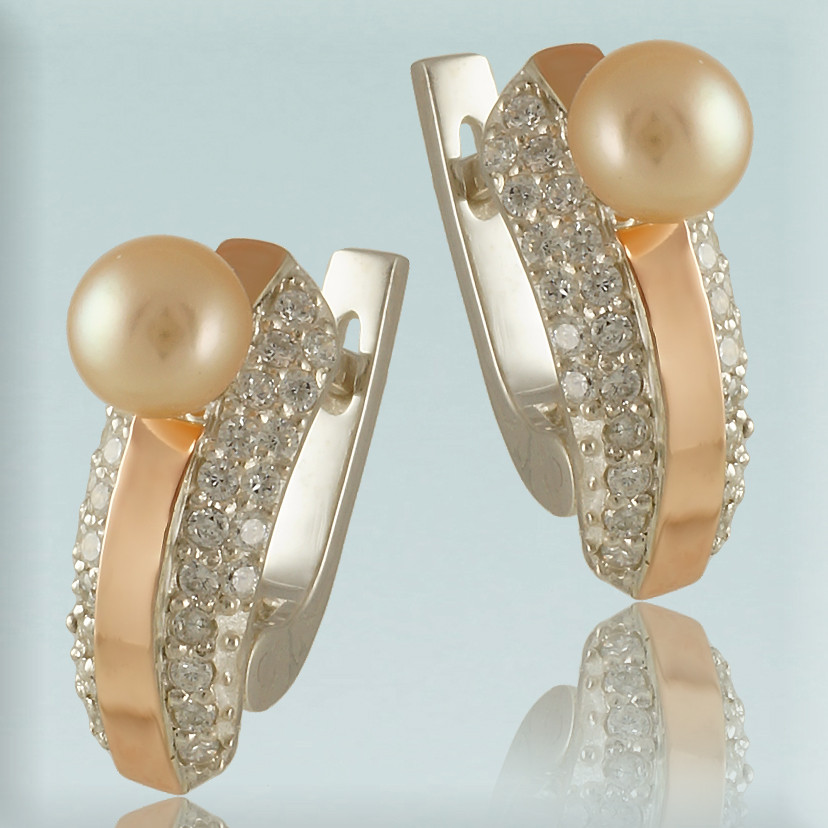 Сережки срібні з перлинами і золототыми вставками "Стиль 2"