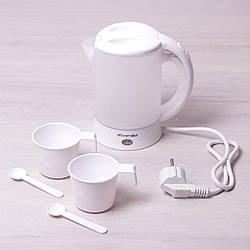 Чайник 0.6 л електричний пластиковий, білий-матовий c чашками і ложками
