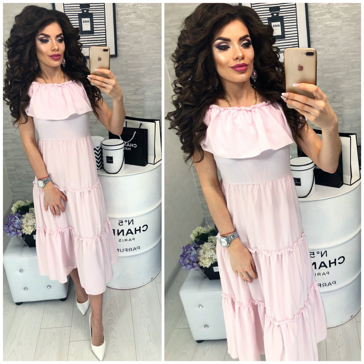 Плаття літнє у смужечку і воланом, жіноче, модель 101, колір Рожевий, фото 1