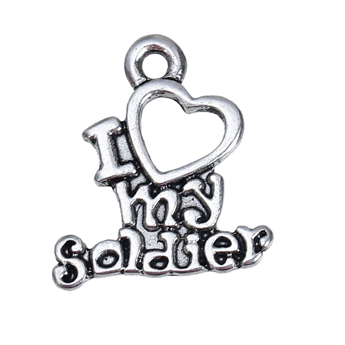 Підвіски металеві Finding Кулон серце I Love My Soldier Я люблю свого солдата Античне срібло 19 мм x 17 мм, фото 1