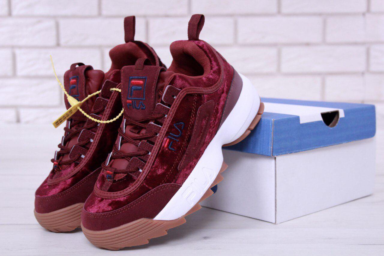 Fila Disruptor 2 Bordo жіночі кросівки велюрові (Філа Дізраптор бордові)