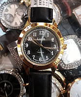Часы механические наручные мужские классические строгие на ремне золотистые с черным циферблатом Luch Луч 126