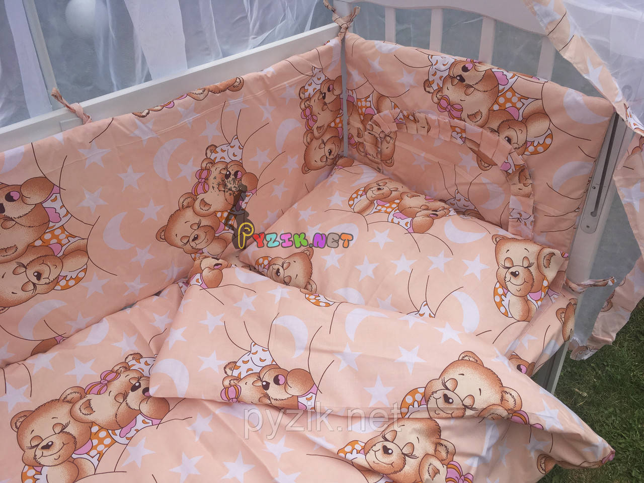 Постільний набір в дитяче ліжечко (8 предметів) Premium "Ведмедики сплять" персиковий, фото 1